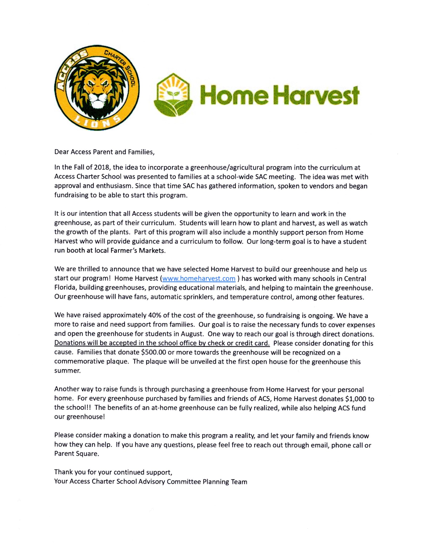 Home Harvest Letter